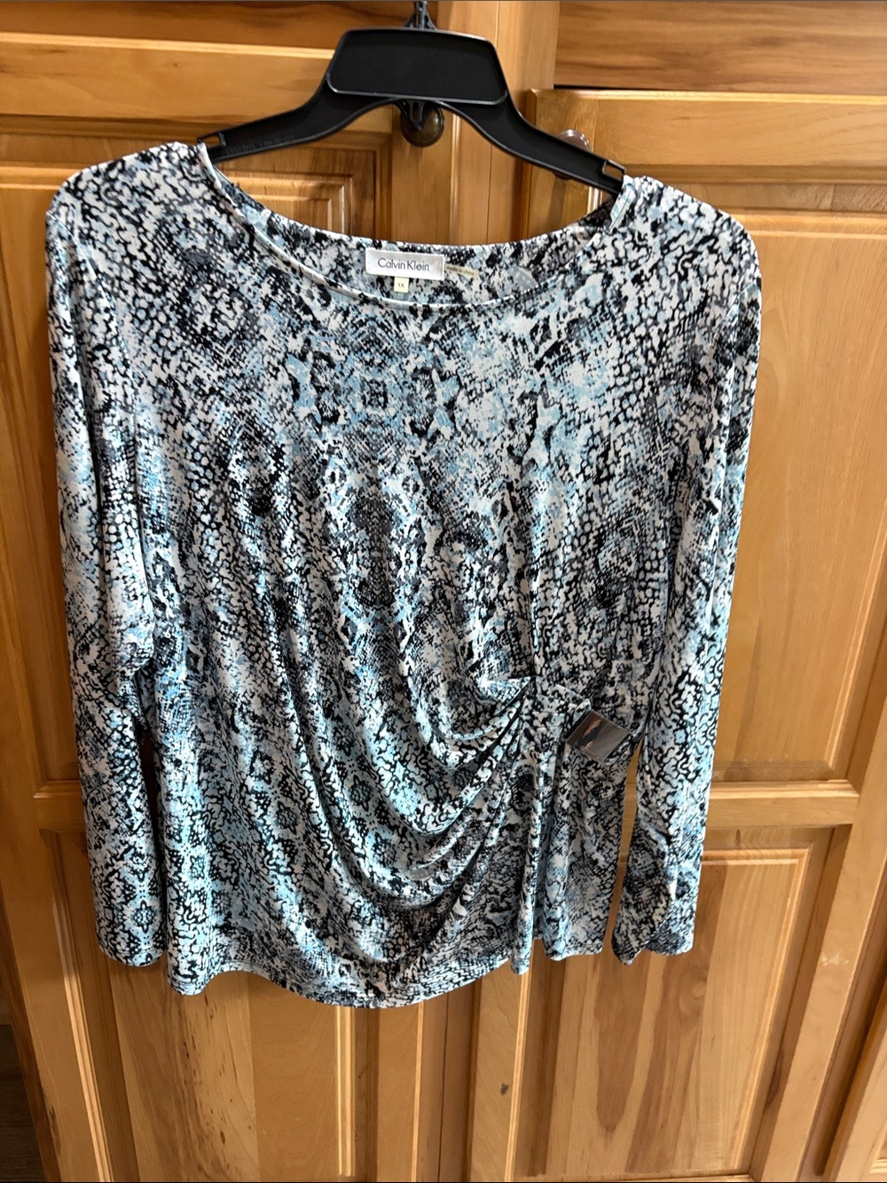 Calvin Klein Light Blue and Black Snake-Print Long Sleeve Top